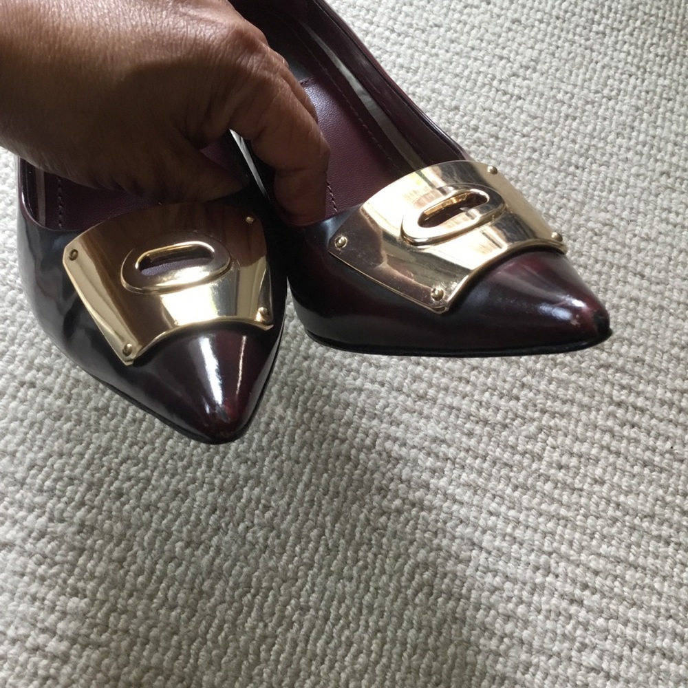 Coach Burgundy Patent Pointed-Toe Pumps with Gold Toe Plate - Picture 8 of 13